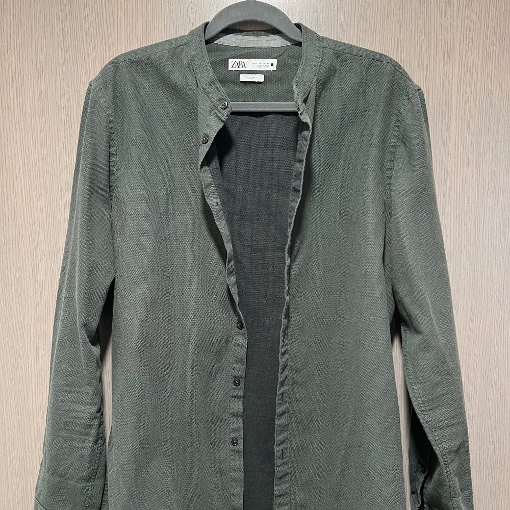 Men's Zara Mandarin Collar L Green Button Down Shirt (Fits Like Medium)